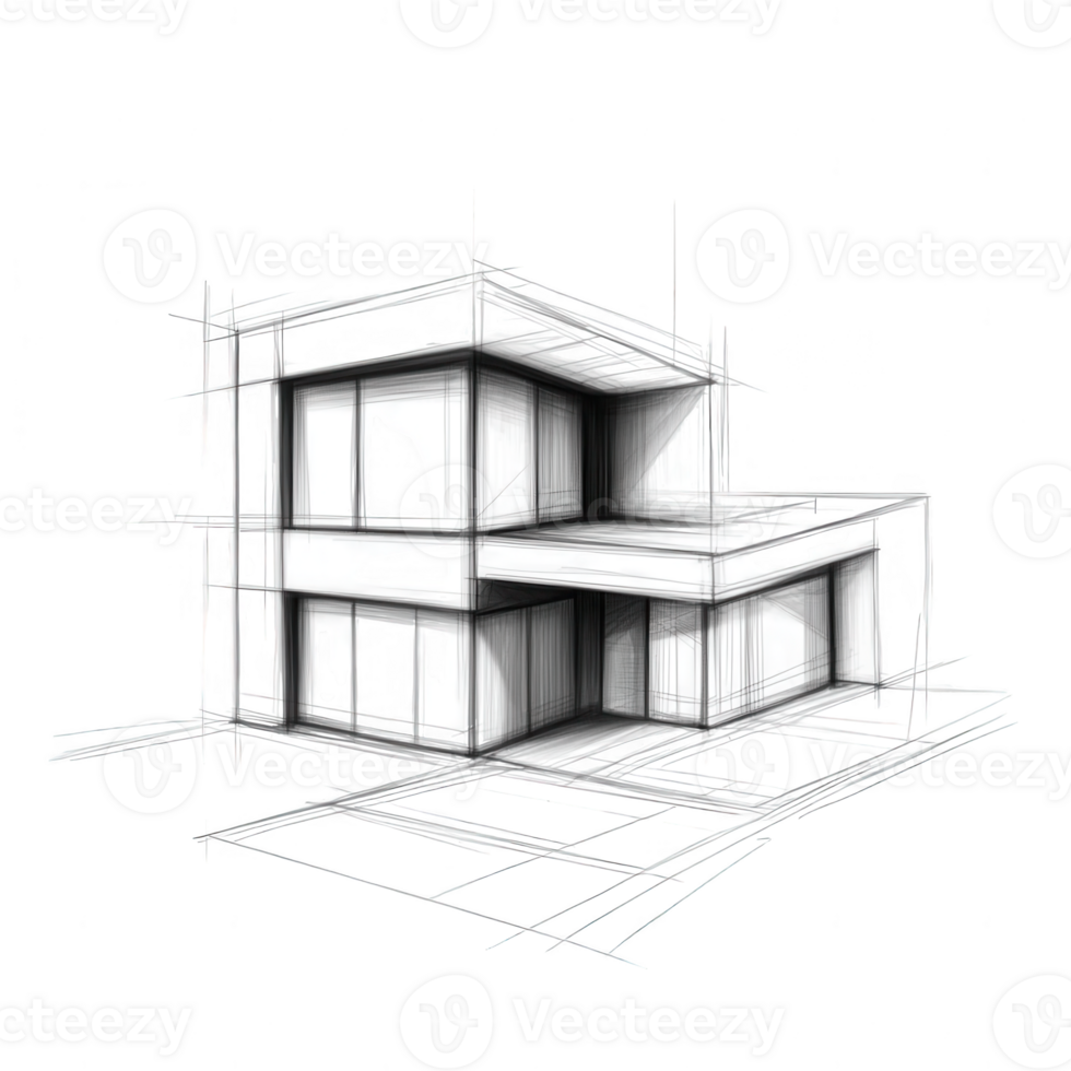 Architectural sketch of a modern building design with structural outlines and grid elements on a white background. png