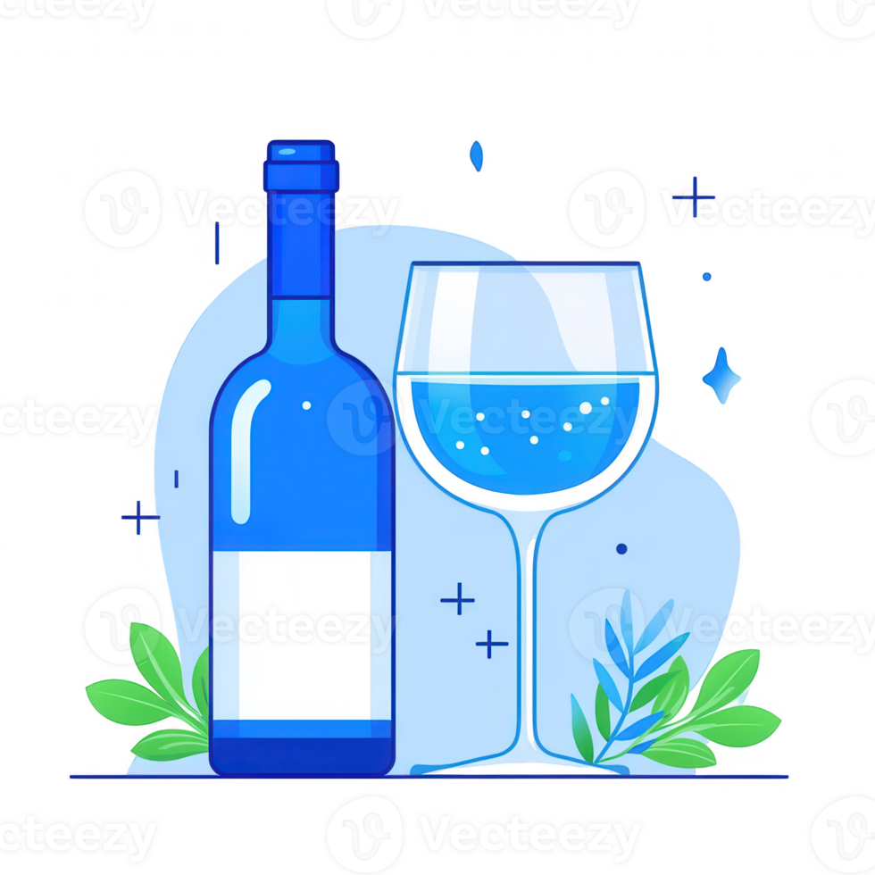 Stylized illustration of a blue wine bottle next to a glass of water, surrounded by green leaves, on a soft pastel background. png