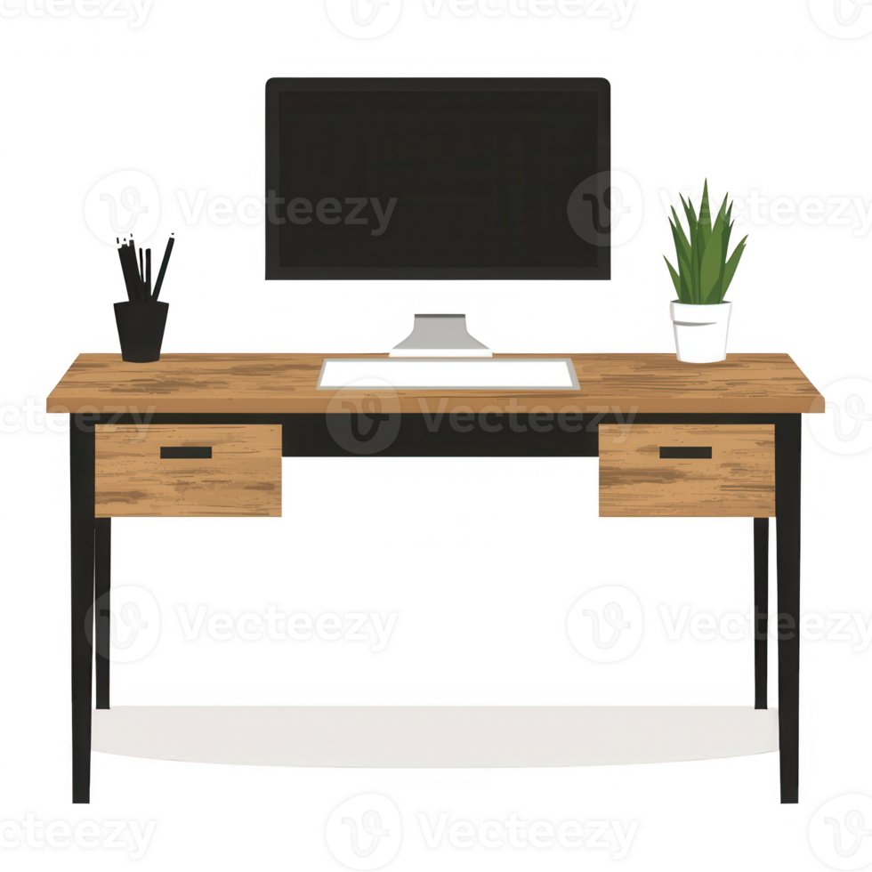 Modern home office desk setup with a computer, a plant, and stationary items against a white isolated background. png