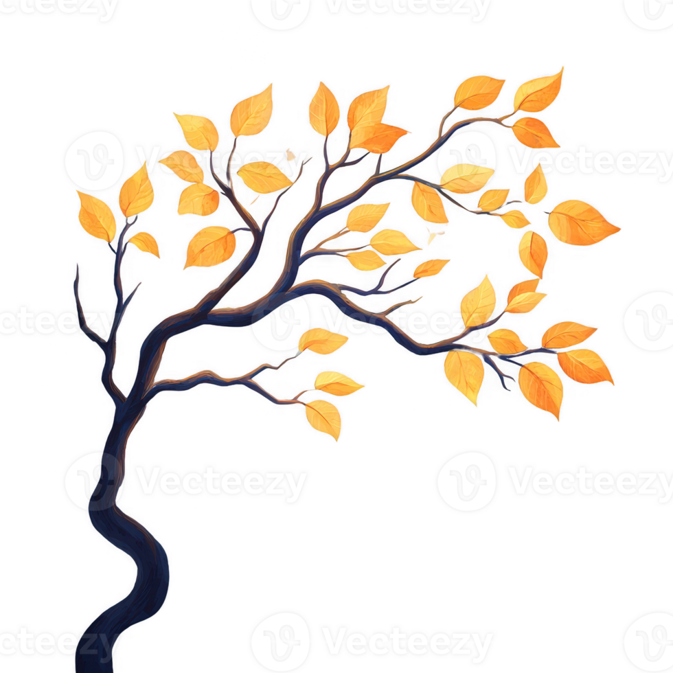 Stylized tree with intricate branches and vibrant autumn leaves, showcasing the beauty of nature's transition during fall. Perfect for seasonal themes and artistic projects. png