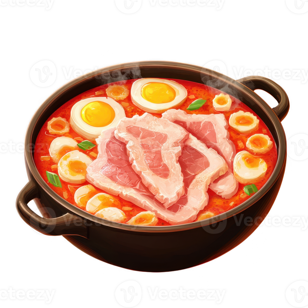 Delicious hot pot filled with tender slices of meat, eggs, and vegetables in a rich broth, perfect for sharing and enjoying with friends or family. png