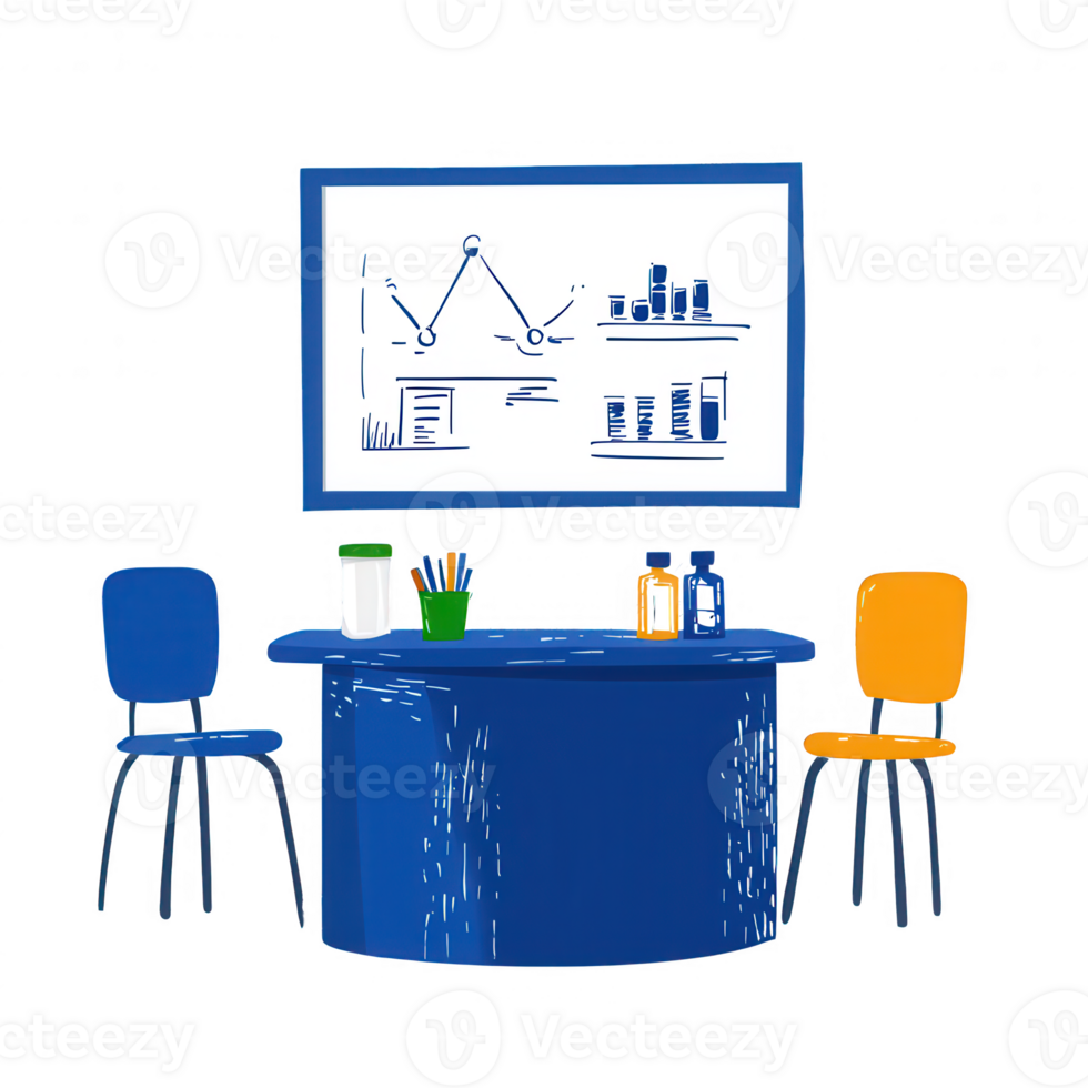 Illustration of a modern workspace with a table, chairs, and a presentation board displaying charts and graphs, suitable for office and business concepts. png