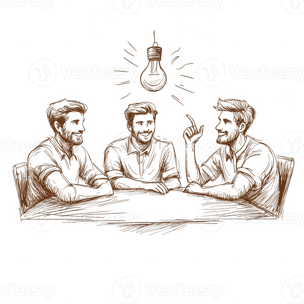 Three people engaged in a brainstorming session around a table, with a light bulb above, symbolizing creativity and collaboration. png
