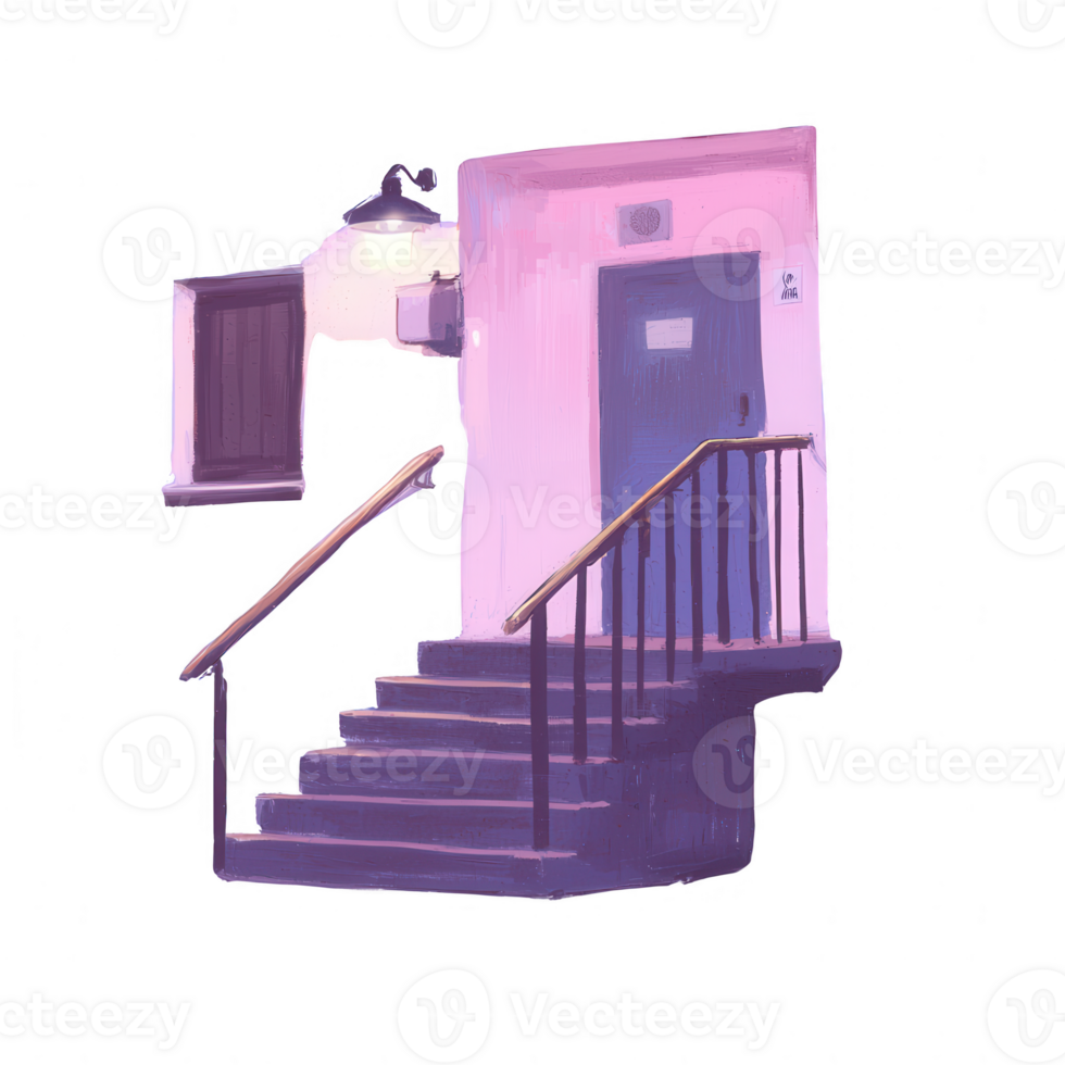 Stylish staircase leading to a door, with a modern design and warm lighting, set against a clean background. Perfect for architectural concepts and interior design. png