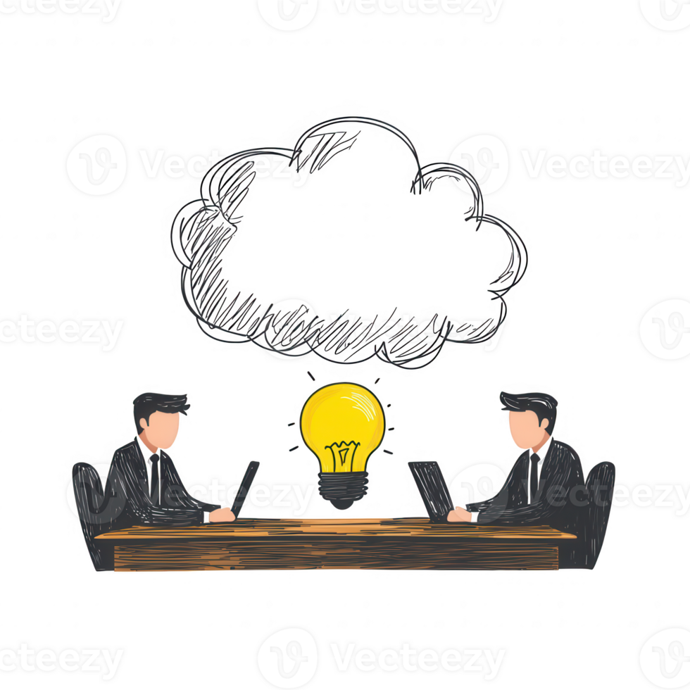 Two business professionals brainstorming ideas at a table, with a light bulb representing creativity and innovation above them, minimalist design on a white background. png