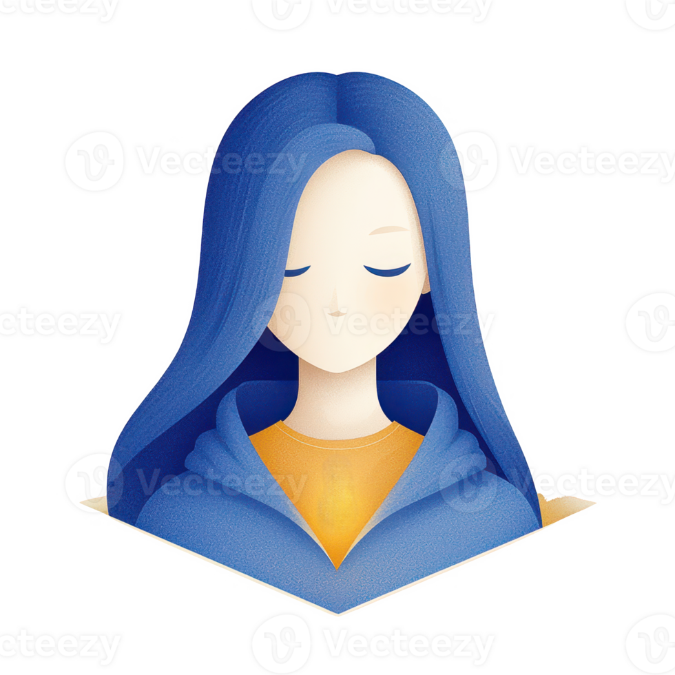 Stylized illustration of a serene woman with long, blue hair wearing a cozy hoodie, ideal for highlighting calmness and introspection, set against a white isolated background. png