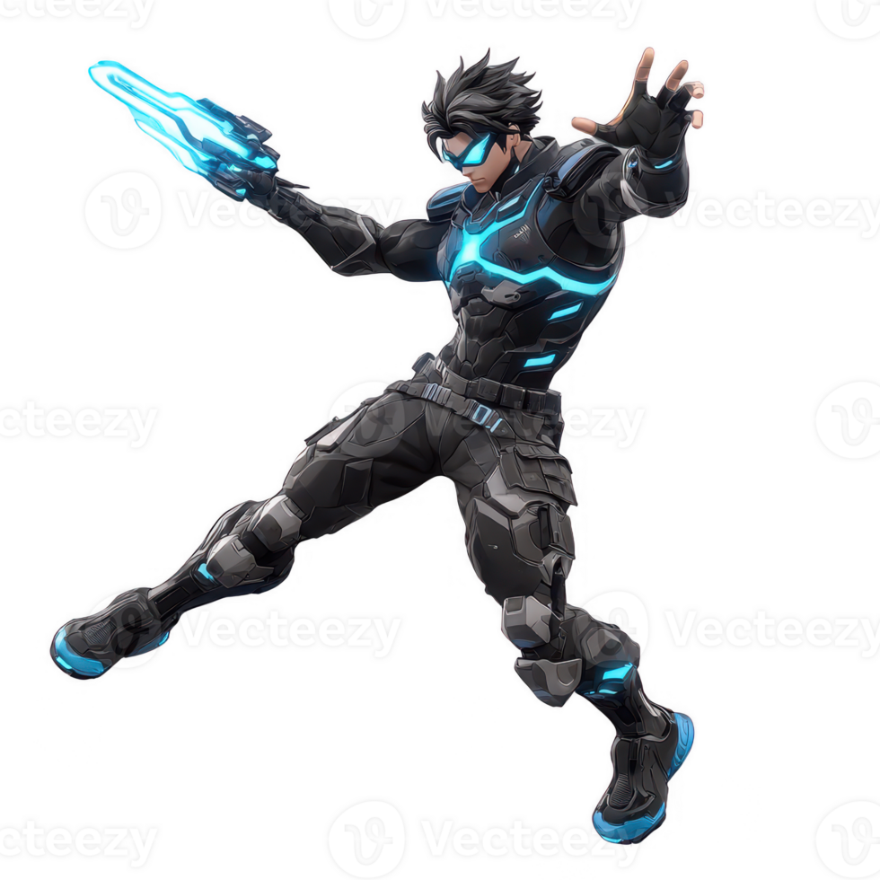 Dynamic action pose of a futuristic hero wielding a glowing weapon, ready for battle against an isolated background, perfect for gaming or sci-fi themes. png