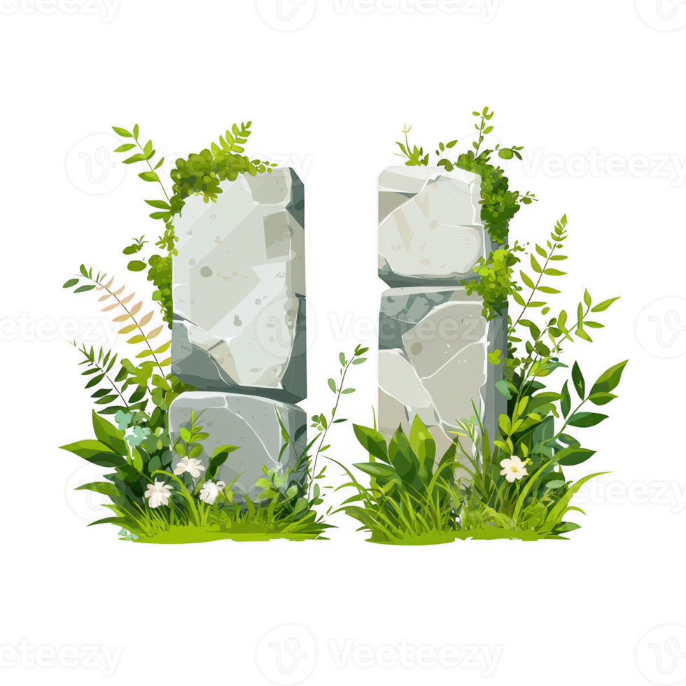 Two moss-covered stone pillars surrounded by lush green vegetation and wildflowers, creating a serene and tranquil atmosphere in nature. png