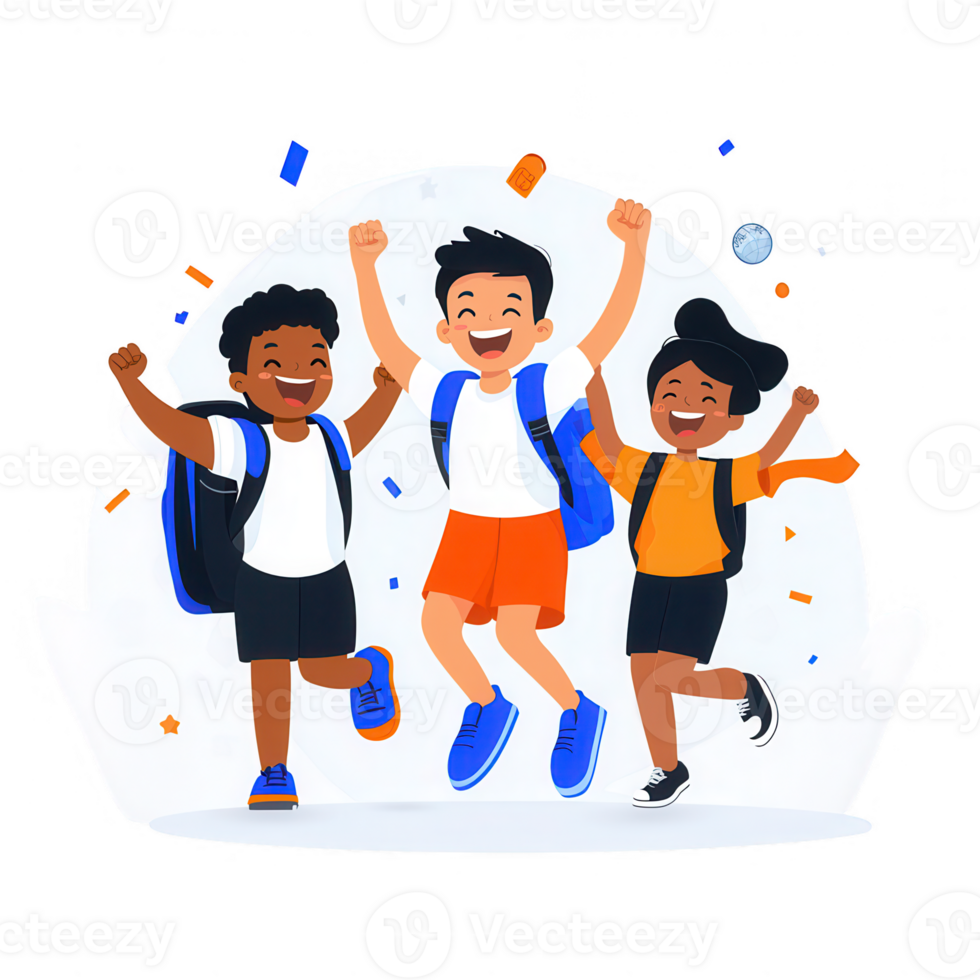 Three cheerful children celebrating with backpacks, expressing joy and excitement. Ideal for education or childhood themes. png