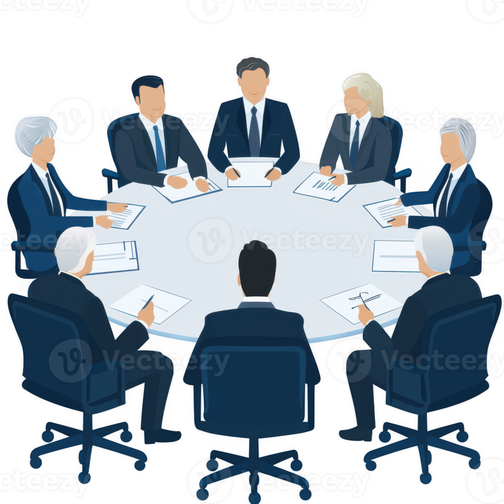 Business meeting illustration featuring diverse professionals seated around a round table engaging in a discussion, with documents and pens visible. png