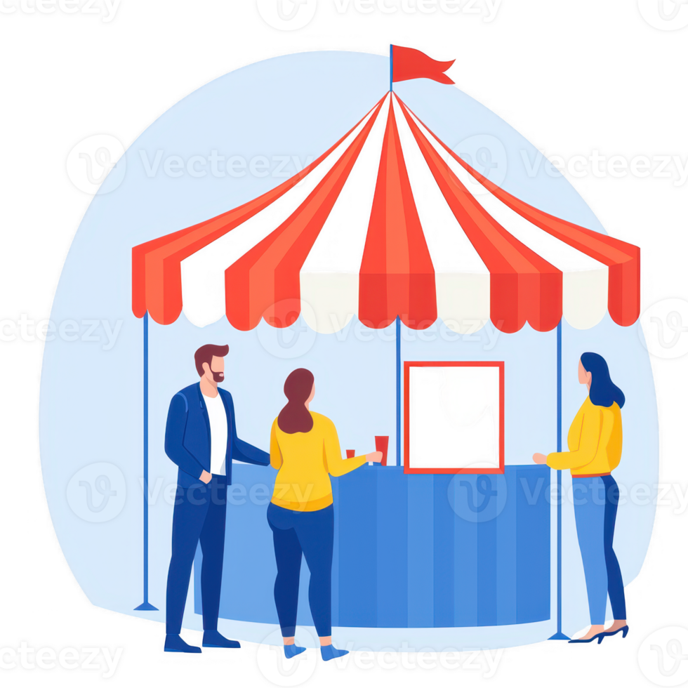 Three people interacting at a colorful tent kiosk with a bright striped canopy, enjoying a casual outing filled with laughter and conversation. png
