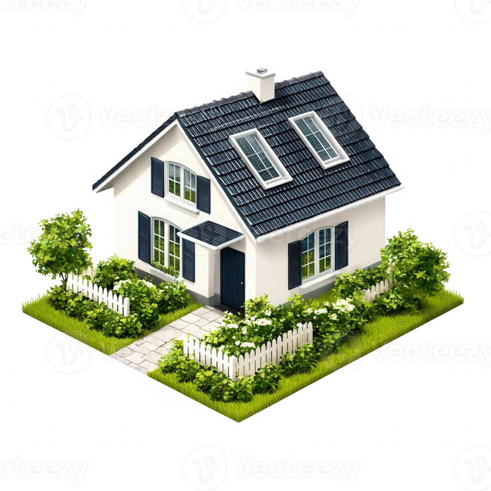 Charming house with a white picket fence, lush green gardens, and modern design elements, suitable for residential settings and family living. png