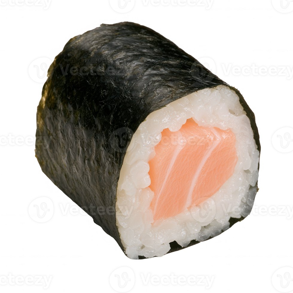 Delicious sushi roll featuring fresh salmon and rice wrapped in seaweed. Perfect for culinary presentations and food photography. png