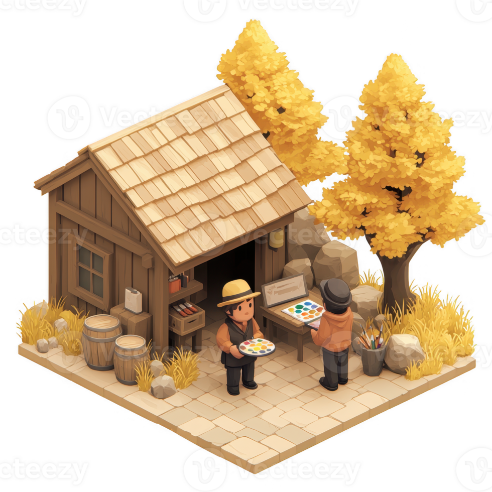 Two artists engaging in a painting session outside a rustic cabin surrounded by golden autumn trees. png