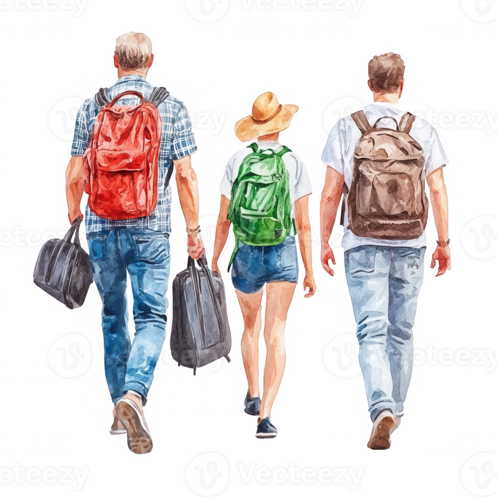 Three travelers walking together, each carrying backpacks and bags, showcasing a sense of adventure and friendship against a white isolated background. png