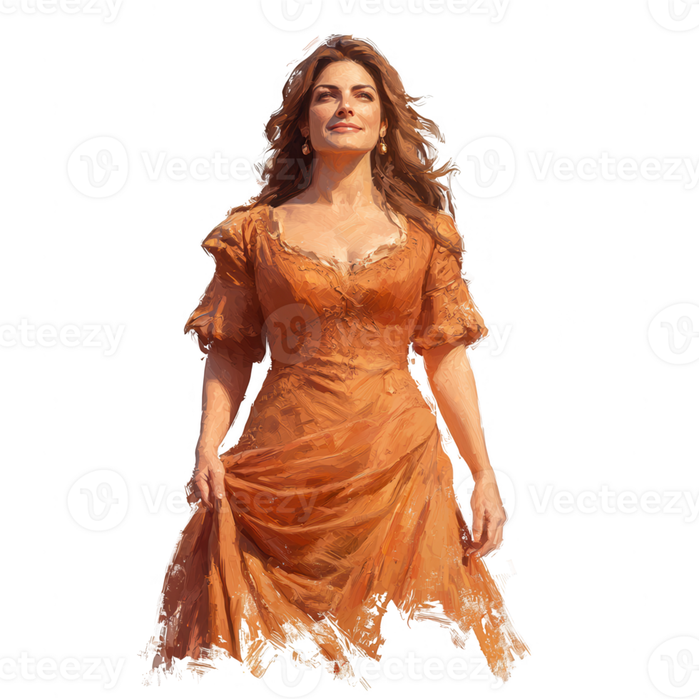 A woman in an elegant orange dress stands confidently, exuding grace and charm. Her hair flows gently in the breeze, creating a captivating and uplifting atmosphere. png