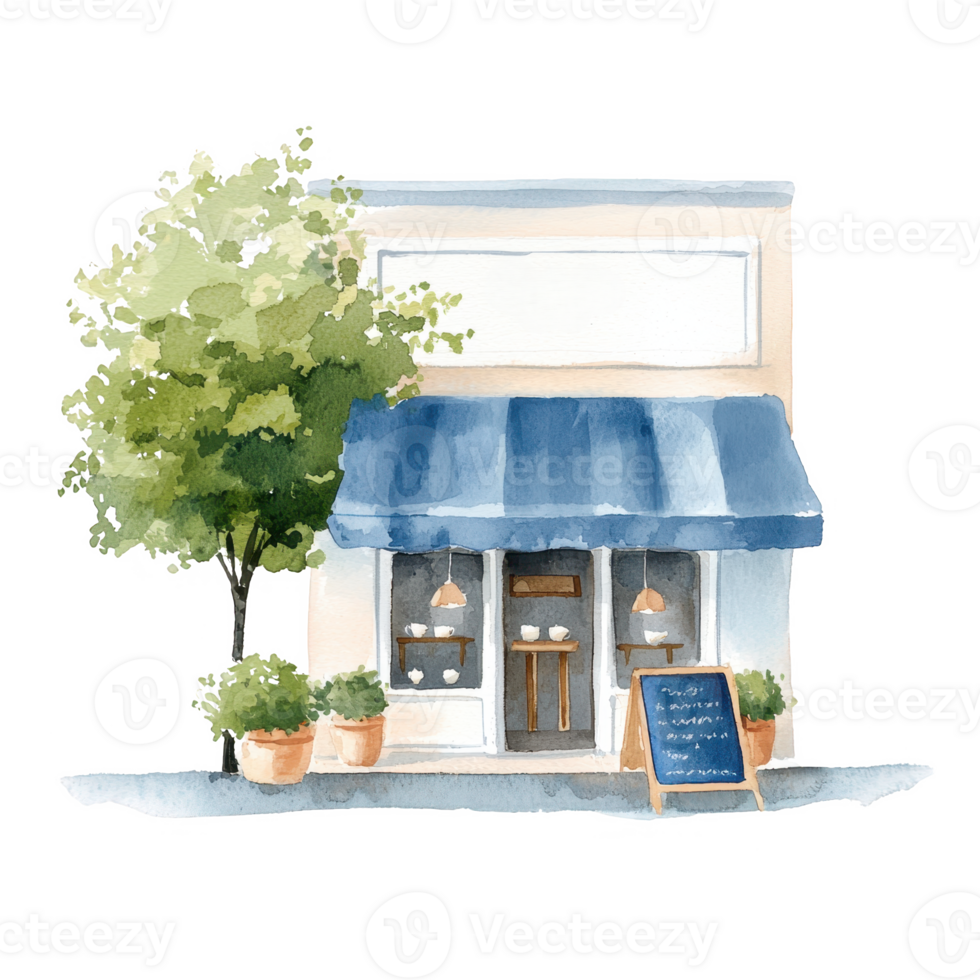 Charming watercolor illustration of a small cafe building with blue awning, potted plants, and a signboard, against a white isolated background. png