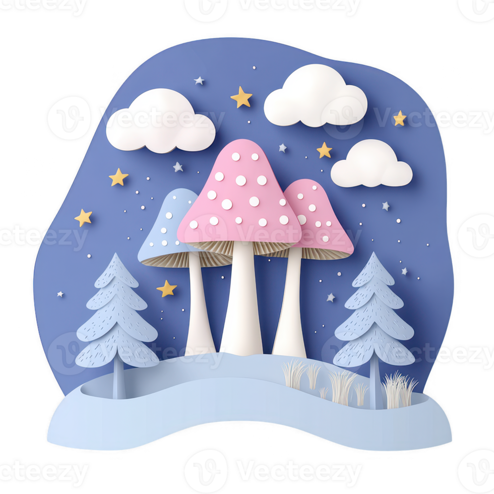 A whimsical scene featuring vibrant mushrooms under a starry night sky with clouds and decorative evergreen trees, crafted in a playful paper-cut style. png