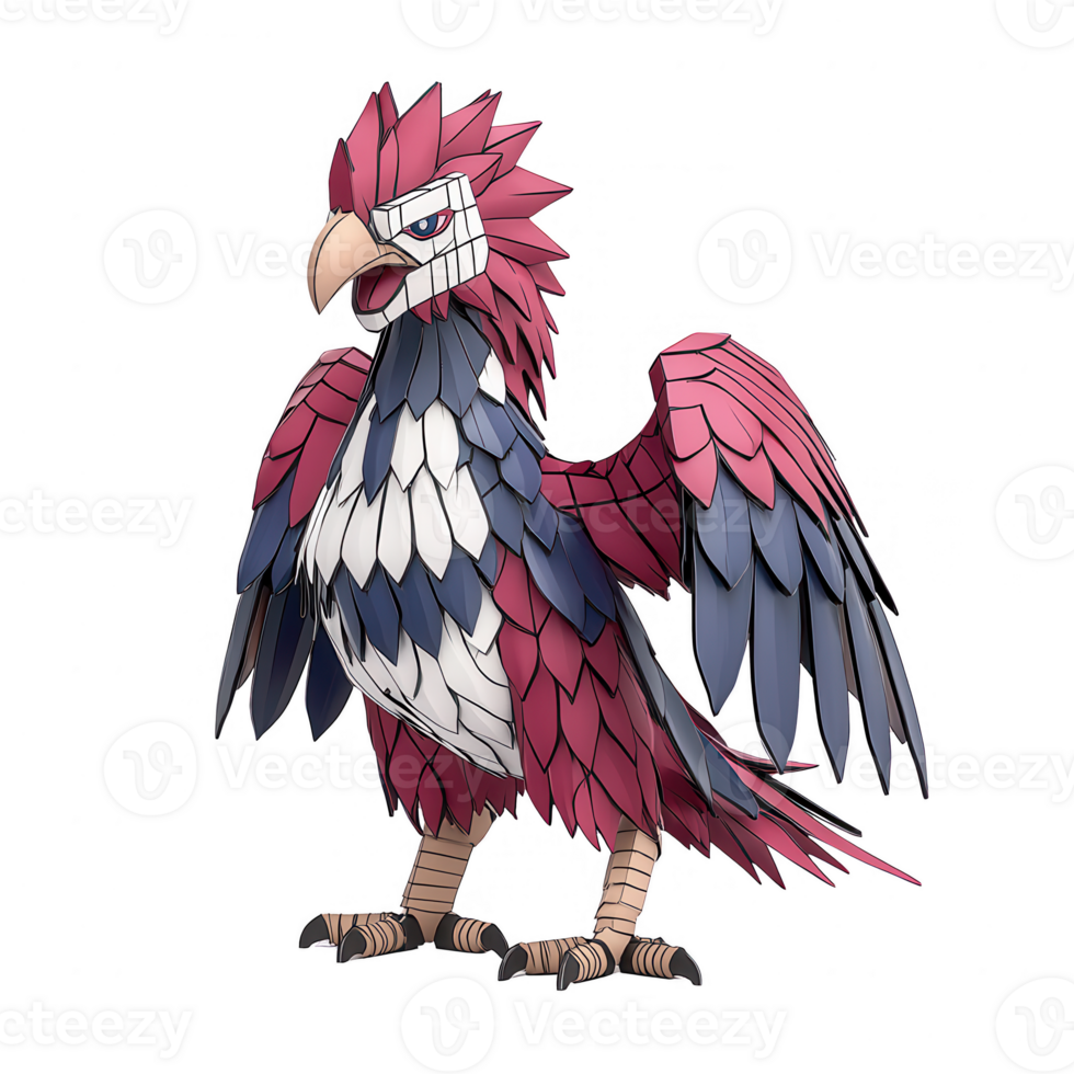 Colorful cartoon bird with intricate feather details, standing proudly against a white isolated background. png