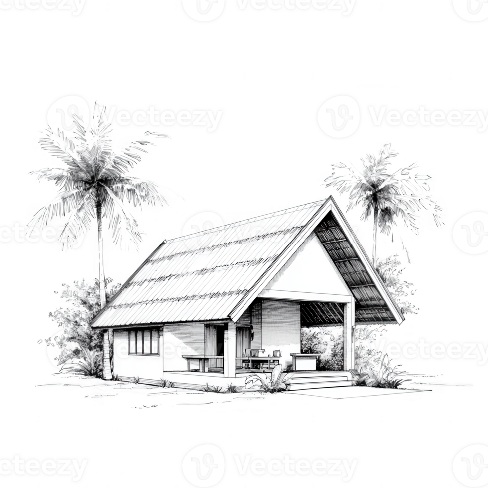 Stylized illustration of a tropical house with palm trees on a white isolated background. png