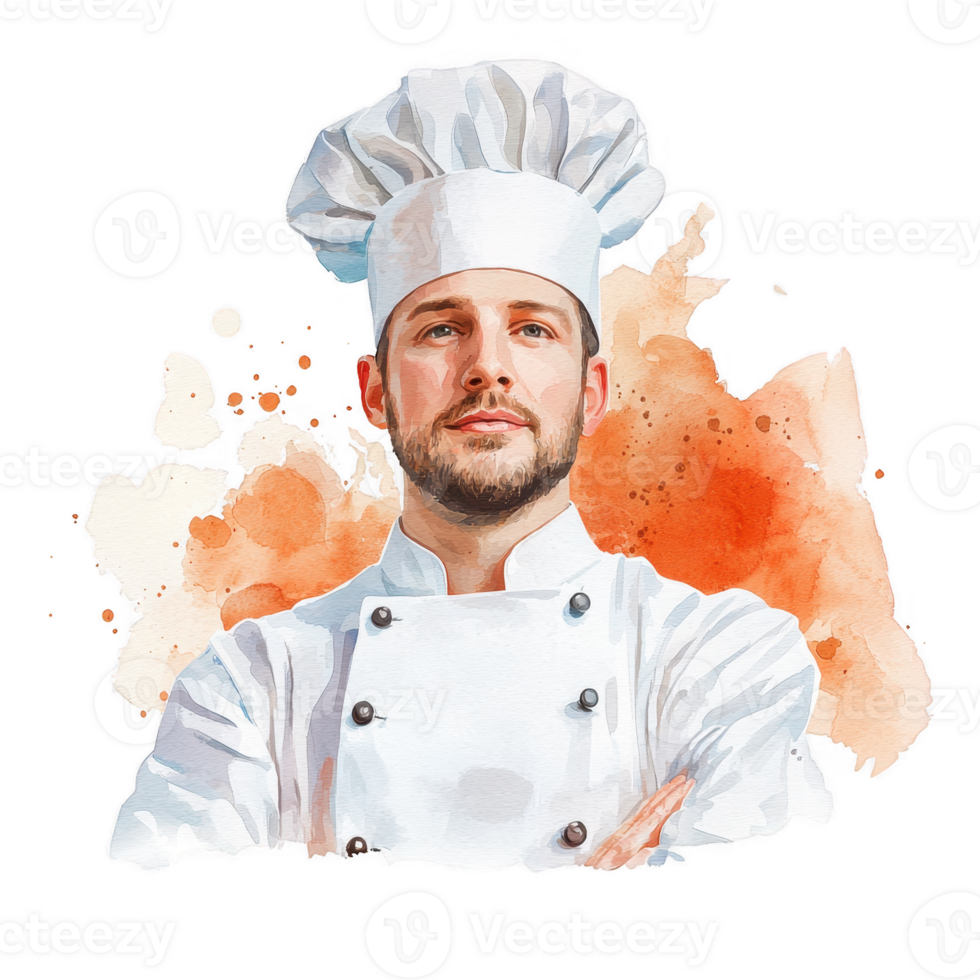 Confident chef in uniform with arms crossed, expressive watercolor background, showcasing culinary expertise and professionalism. png