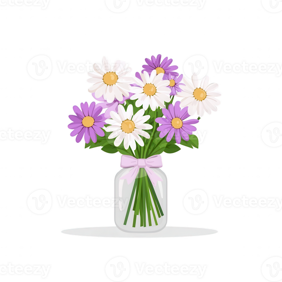 A beautiful bouquet of colorful daisies in a glass jar, adding a touch of elegance to any space. Perfect for decoration or gifting. png
