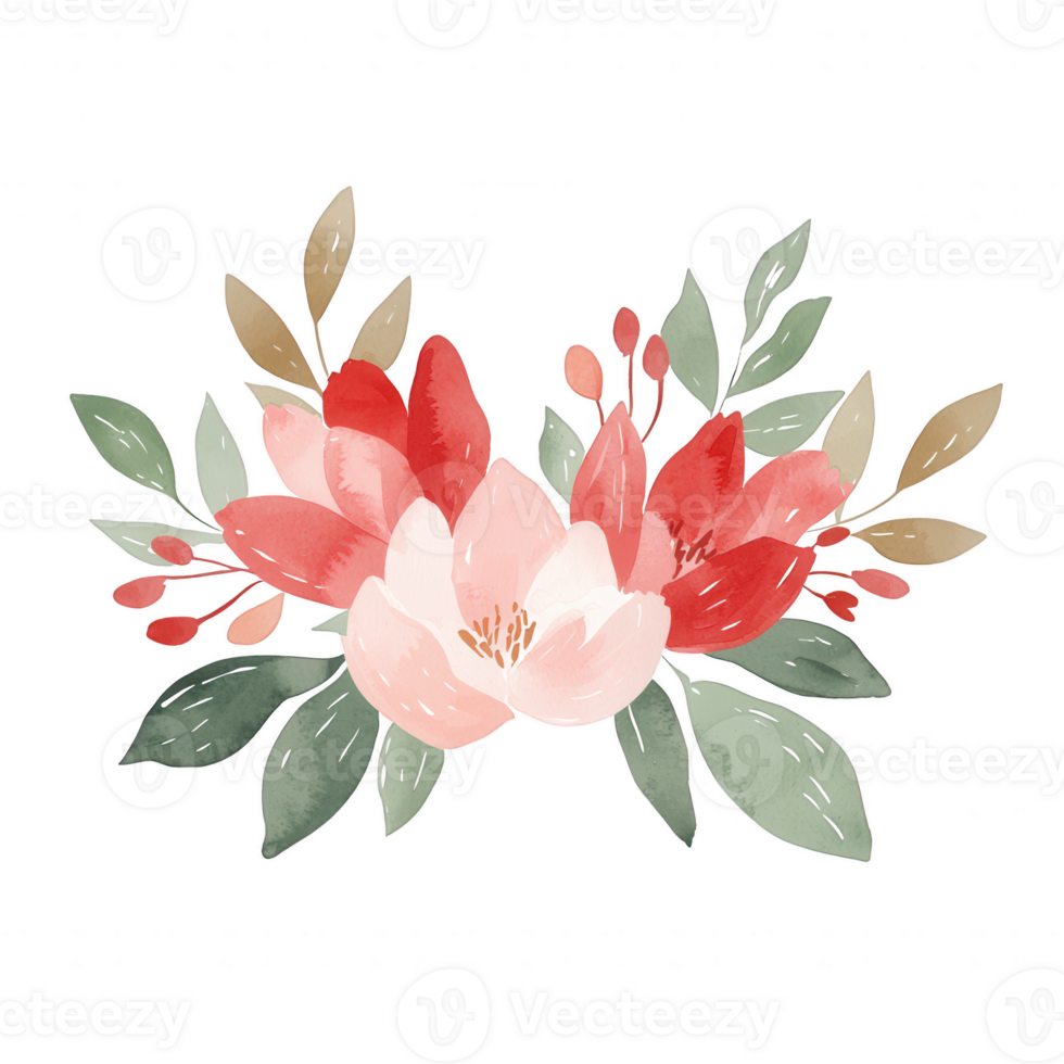 A beautiful arrangement of red and pink flowers with green leaves, perfect for decoration and design projects. Ideal for spring themes and floral patterns. png