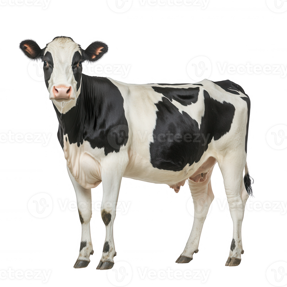 A black and white dairy cow stands proudly, showcasing its unique markings against a white isolated background. png