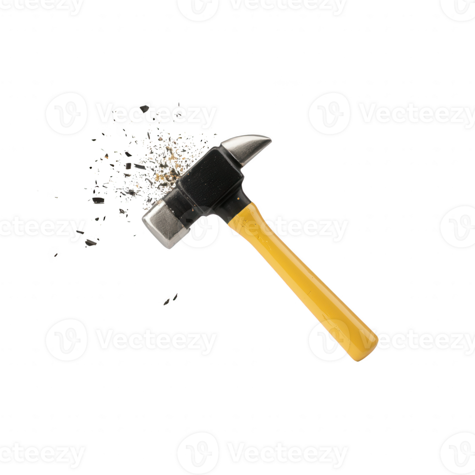 A black hammer with a yellow handle is surrounded by flying metal shavings against a white background, symbolizing construction and craftsmanship. png