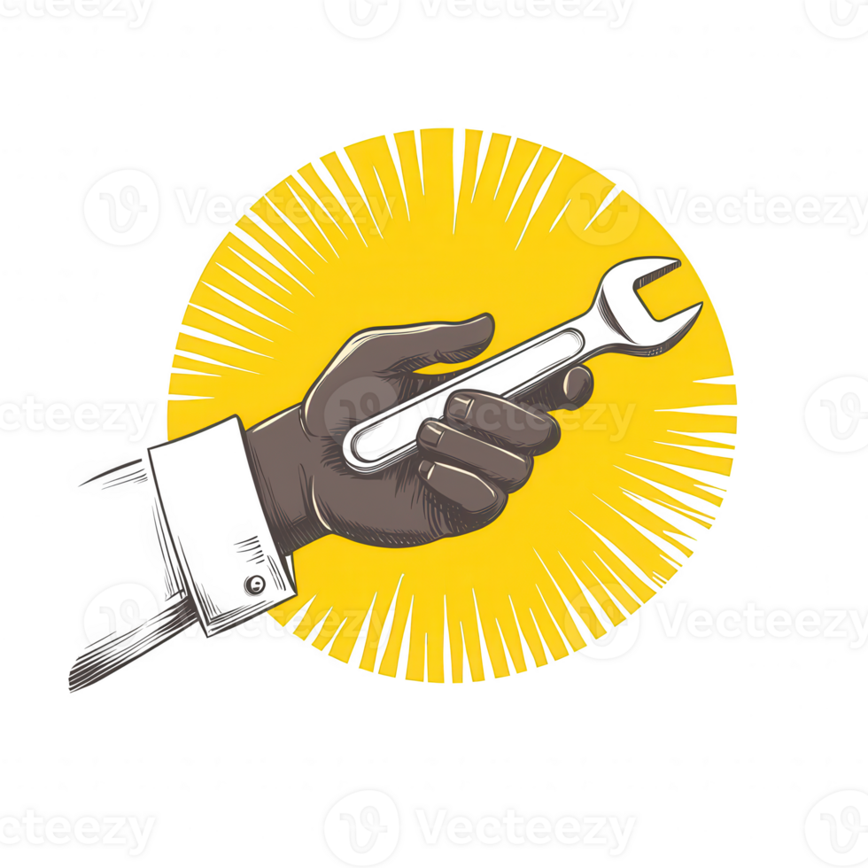 A bold illustration of a hand holding a wrench against a vibrant yellow burst, symbolizing strength and capability in mechanical work. png