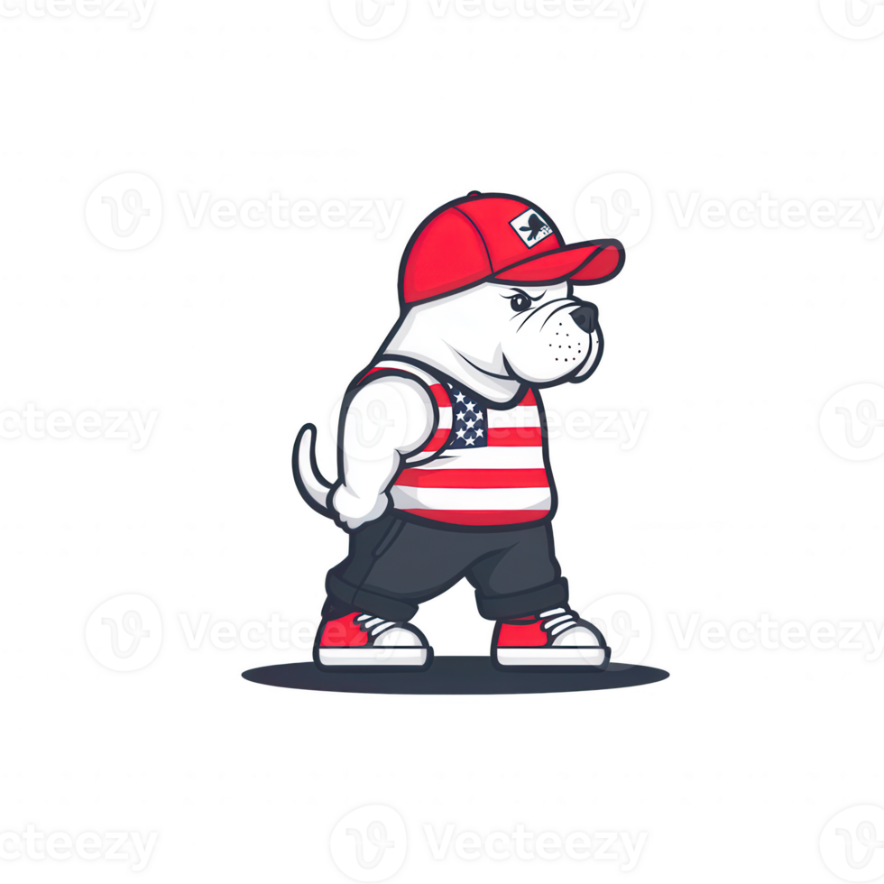 A cartoon bulldog character wearing a red cap and a striped shirt, exuding a cool, confident vibe. The character stands proudly against a white isolated background. png