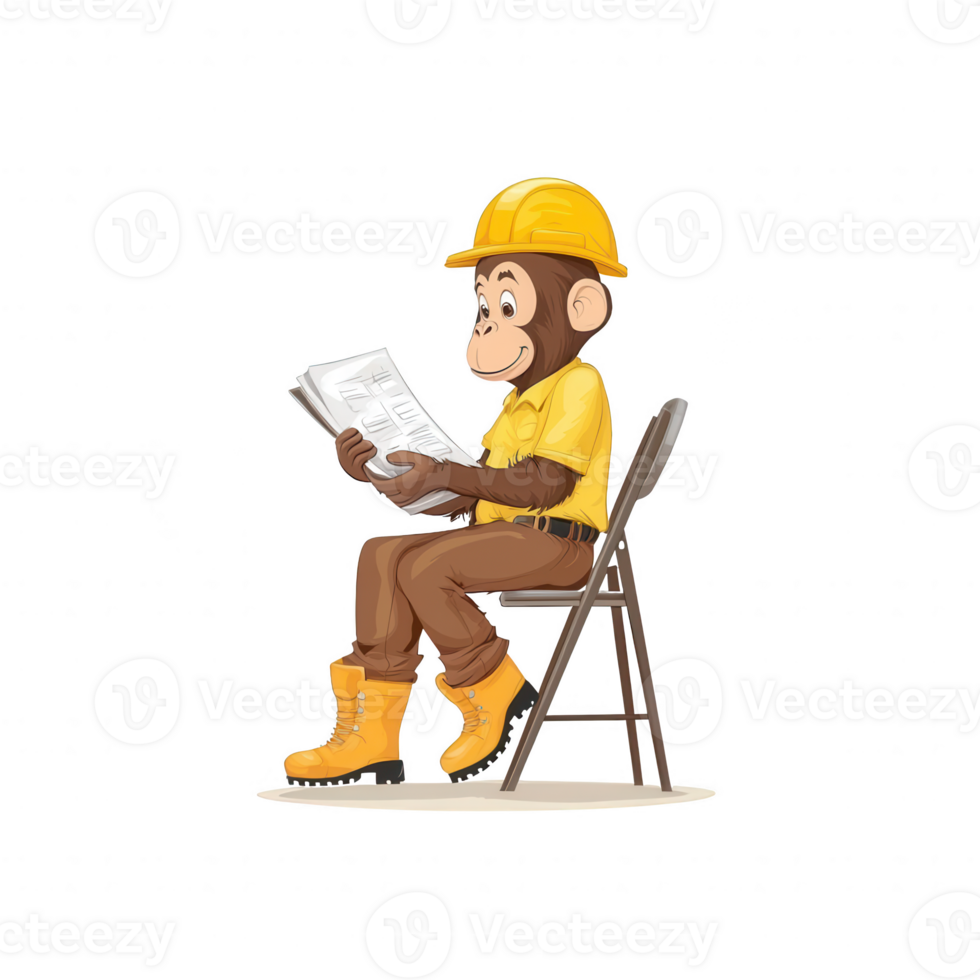A cartoon monkey wearing a hard hat and work boots sits on a chair reading a paper, showcasing a playful and humorous take on construction work. png