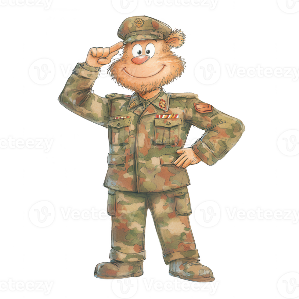 A cartoon character in military uniform with a friendly smile, standing in a saluting pose png