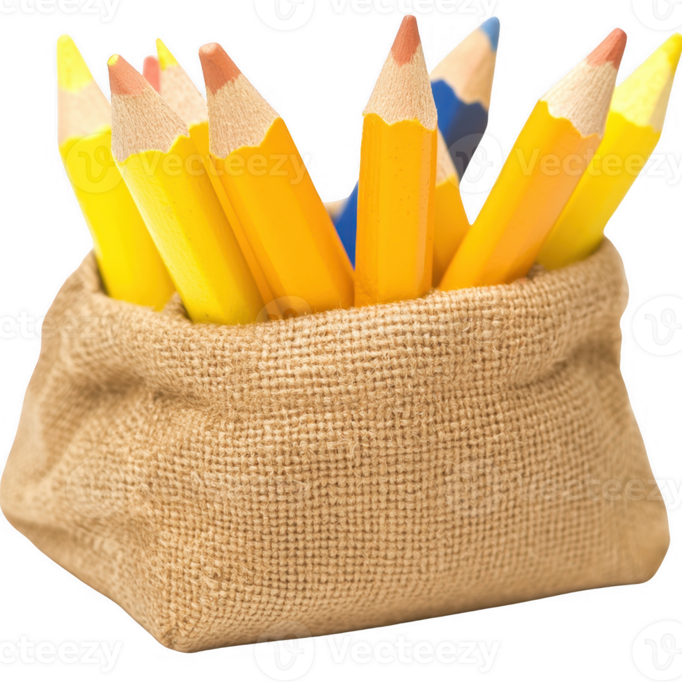 A burlap sack filled with vibrant colored pencils, perfect for arts and crafts, showcasing creativity and inspiration. png