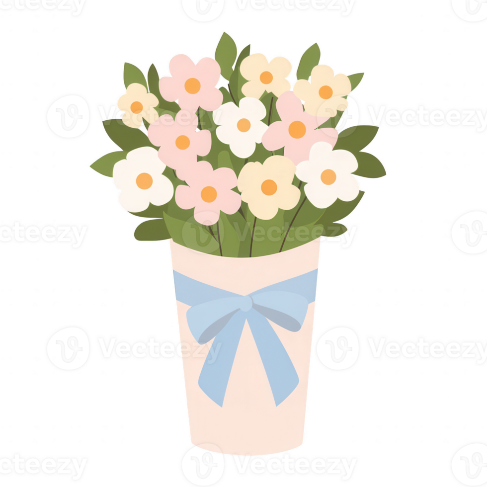 A charming bouquet featuring delicate pink and white flowers in a pale pink pot, adorned with a subtle blue ribbon. Ideal for decoration or gifting. png