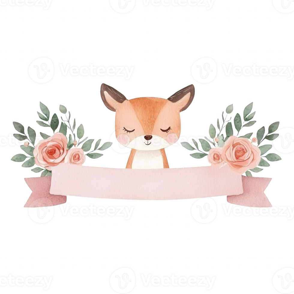 A charming illustration featuring a cute fox surrounded by roses and greenery, set against a white background. Perfect for children's decor or playful designs. png