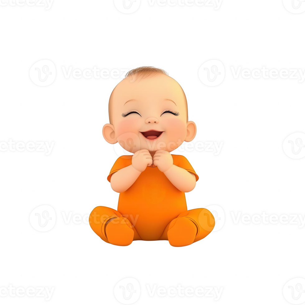 A cheerful cartoon baby in an orange outfit, sitting on the floor with a big smile, radiating joy and innocence. Perfect for children's themes and playful designs. png