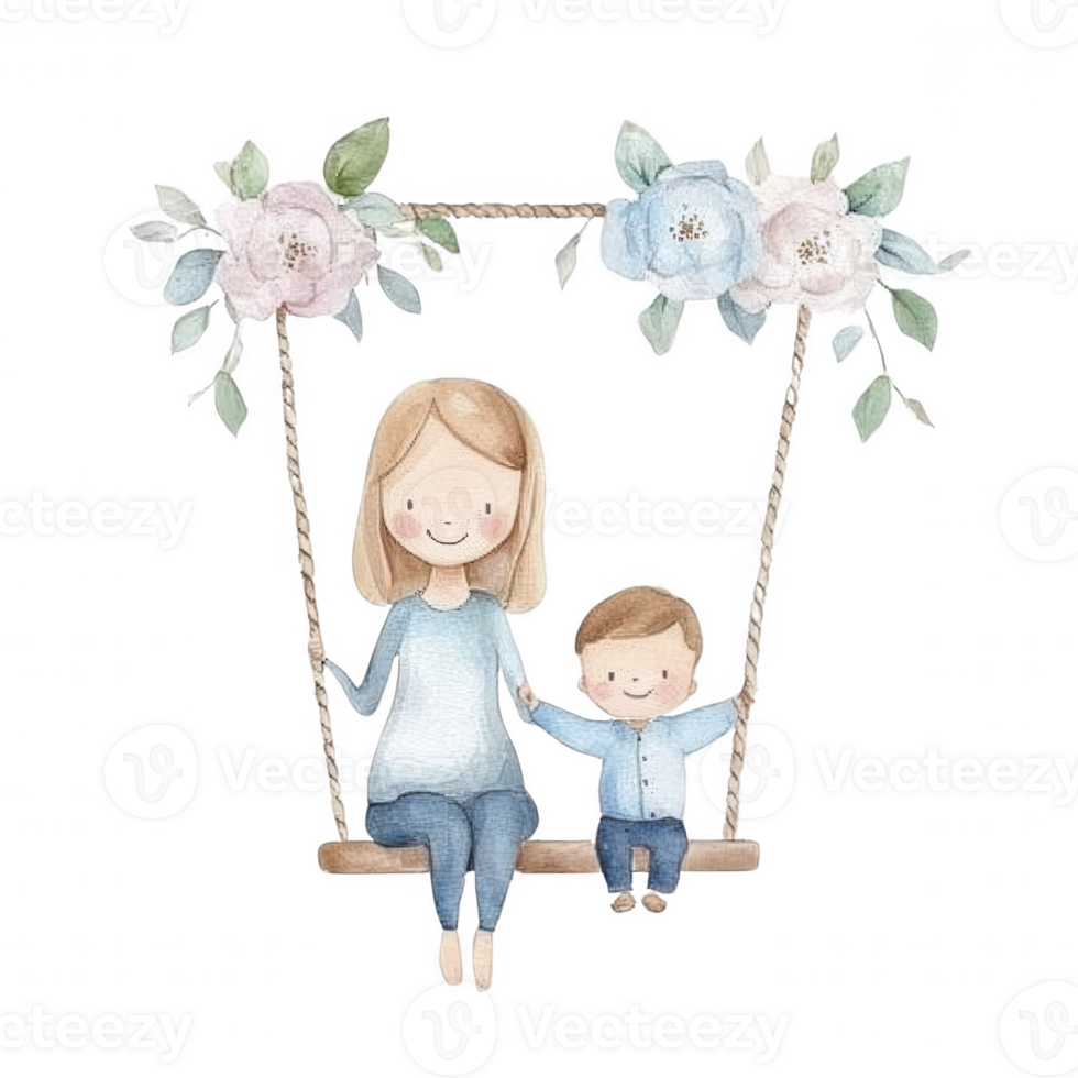 A charming illustration of a mother and child on a swing, surrounded by blooming flowers in pastel colors, representing love and family bonding. png