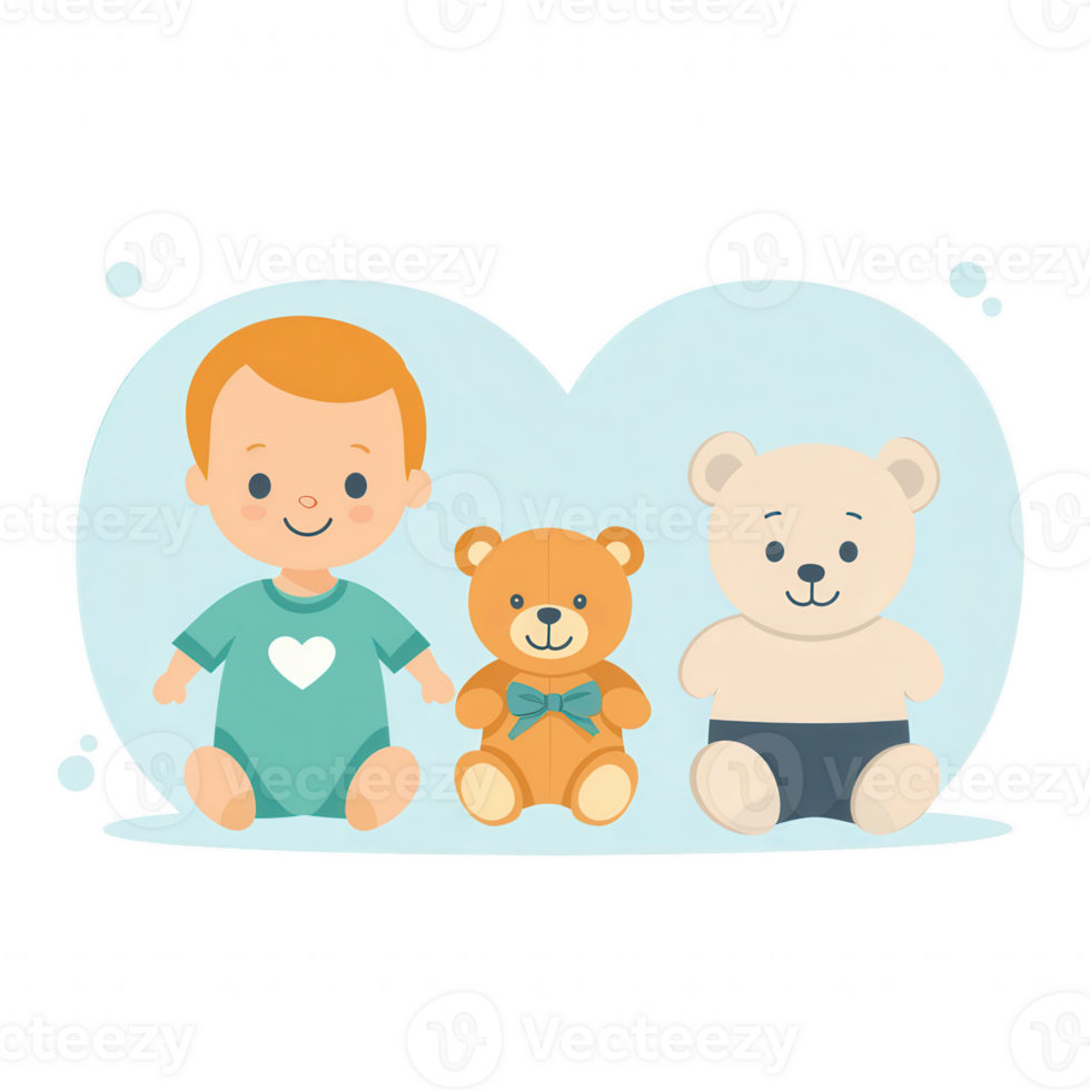 A cheerful baby with light hair sitting next to two teddy bears, one brown and one white, on a soft blue background, creating a warm and playful atmosphere. png