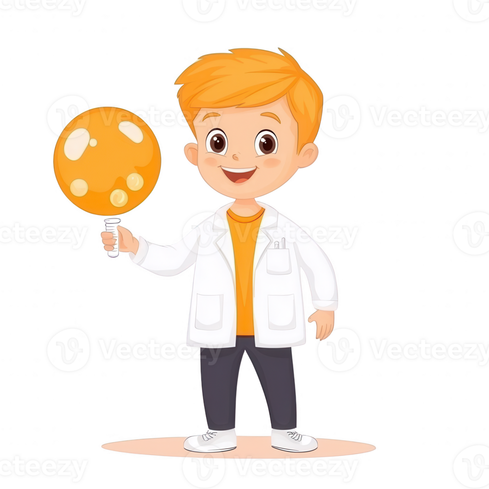 A cheerful boy in a science lab coat holding a large orange bubble, representing curiosity and experimentation in science. Ideal for educational and fun contexts. png