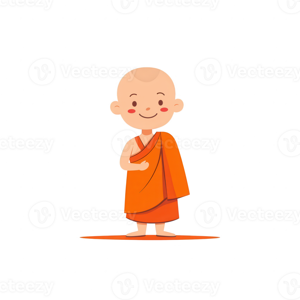 A cheerful cartoon monk in an orange robe, smiling and standing confidently. Ideal for illustrations related to spirituality, meditation, or cultural themes. png