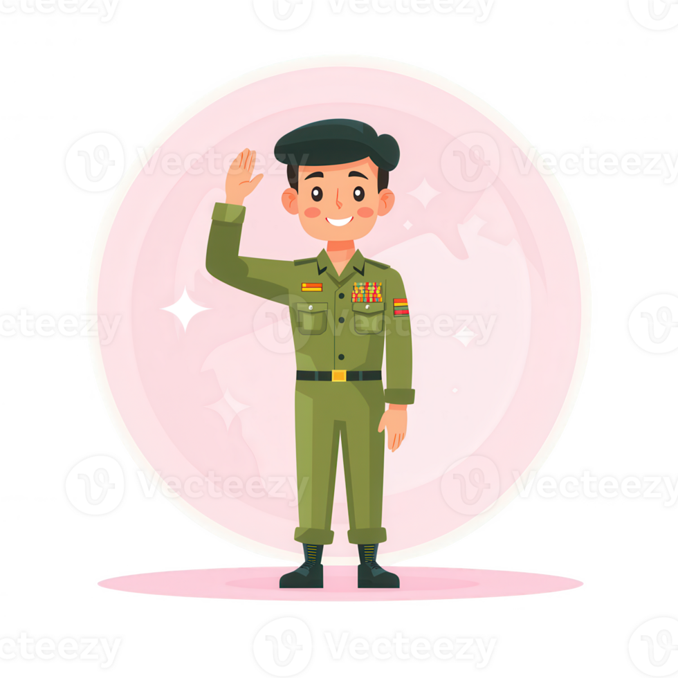 A cheerful cartoon soldier in a green uniform, waving and smiling png