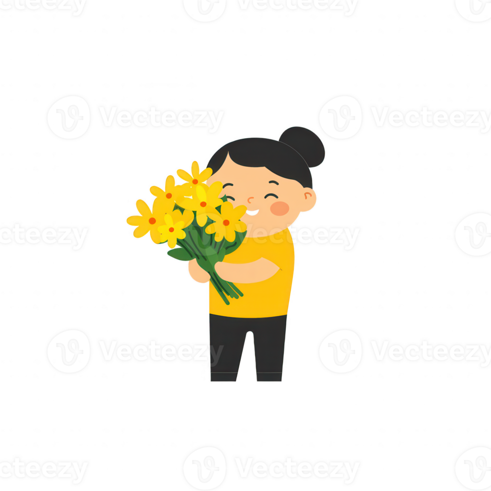 A cheerful child holding a vibrant bouquet of yellow flowers, radiating joy and warmth. Perfect for themes of happiness, childhood, and nature. png