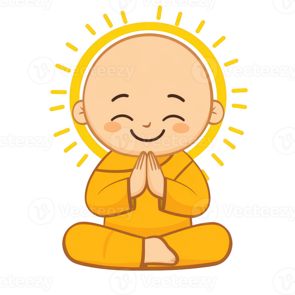 A cheerful cartoon monk with a radiant sun halo, seated in a meditative pose, hands together in prayer. Vibrant colors and a friendly expression, symbolizing peace and tranquility. png