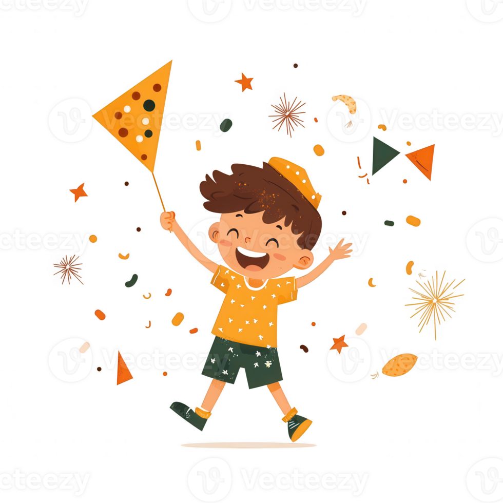 A cheerful child enjoying a festive moment with a colorful flag surrounded by playful confetti. Perfect representation of joy and celebration in a vibrant illustration. png