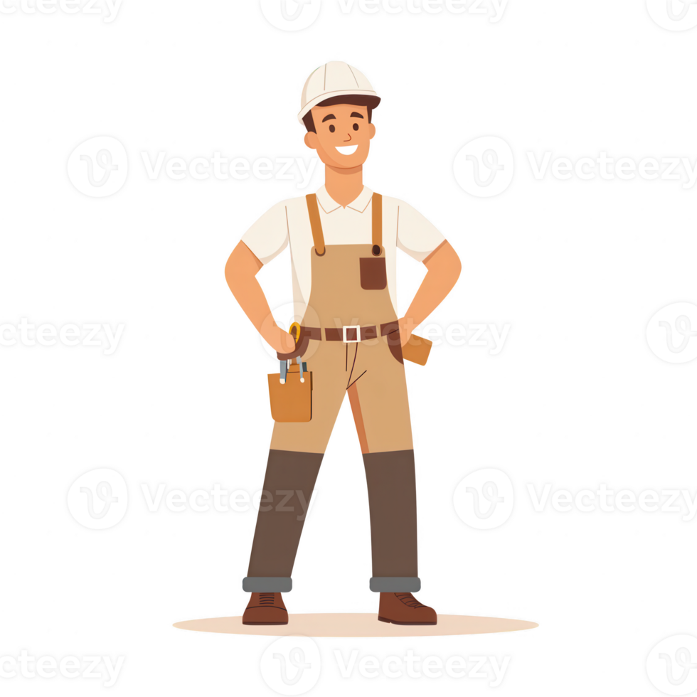 A cheerful construction worker in a hard hat and overalls stands confidently with hands on hips. Perfect for construction, labor, and teamwork themes. png