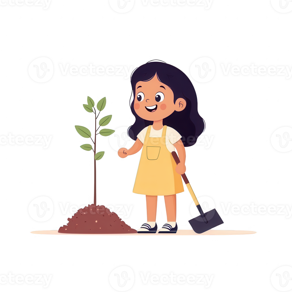 A cheerful child in an apron planting a young tree, holding a small shovel. Represents environmental care and gardening, promoting green initiatives for a sustainable future. png