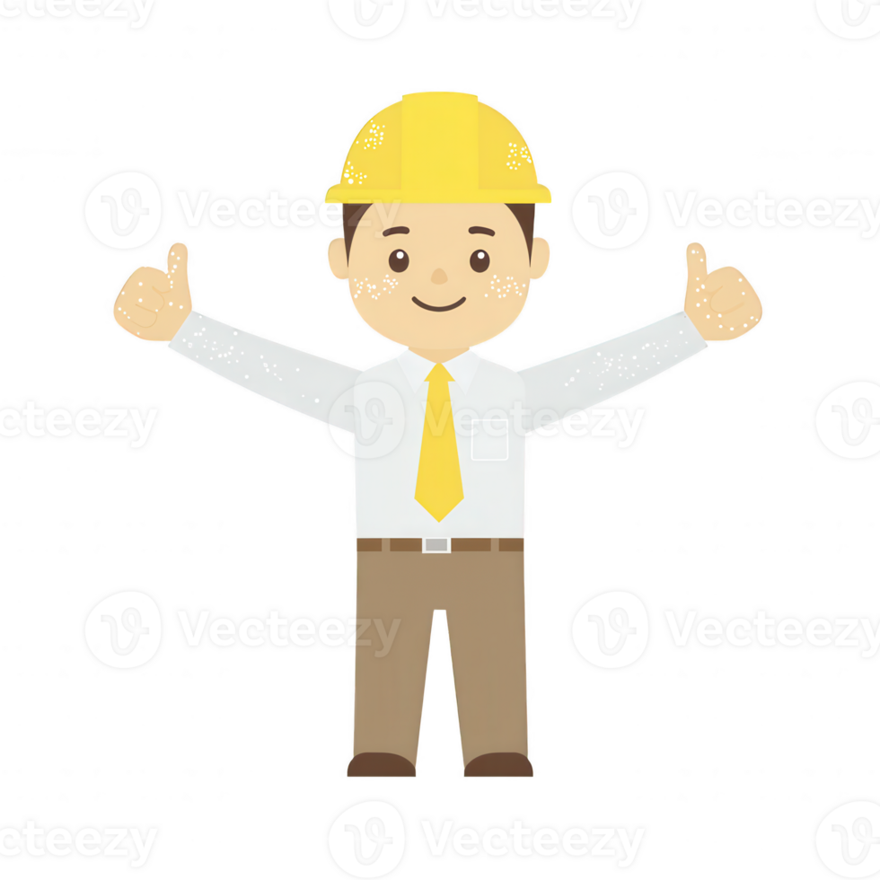 A cheerful construction worker in a yellow hard hat and tie, giving thumbs up with both hands. Ideal for construction, business, or teamwork themes. png