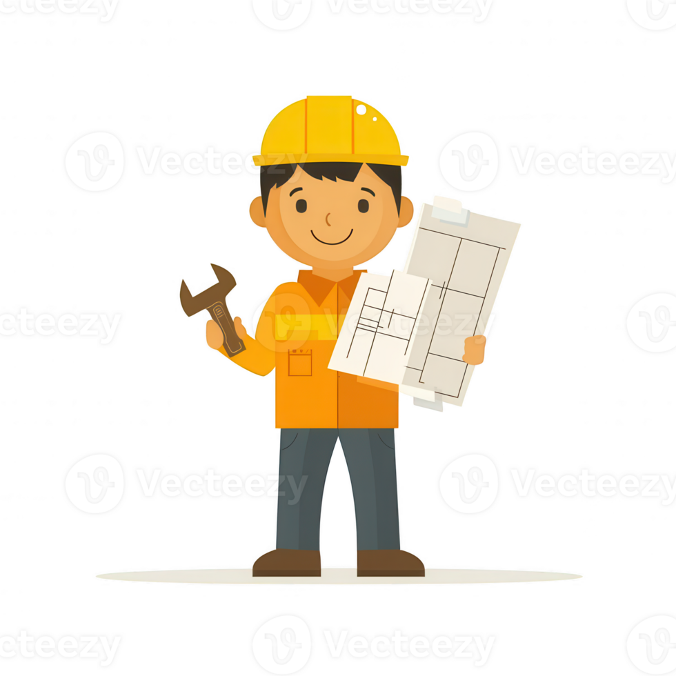 A cheerful construction worker holding a wrench and blueprint, ready for the project. Vibrant illustration with a clear focus on tools and planning. png