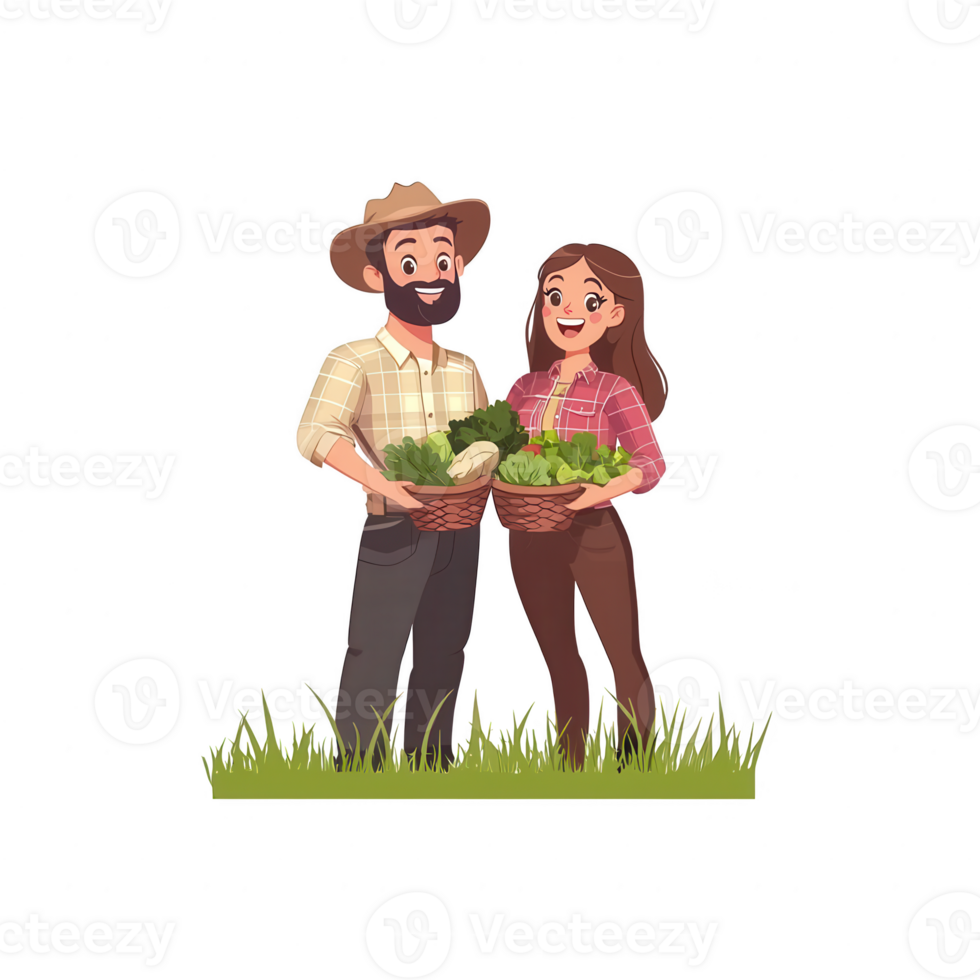 A cheerful couple holding baskets of fresh vegetables, surrounded by green grass. Perfect for themes of healthy living and sustainability. png